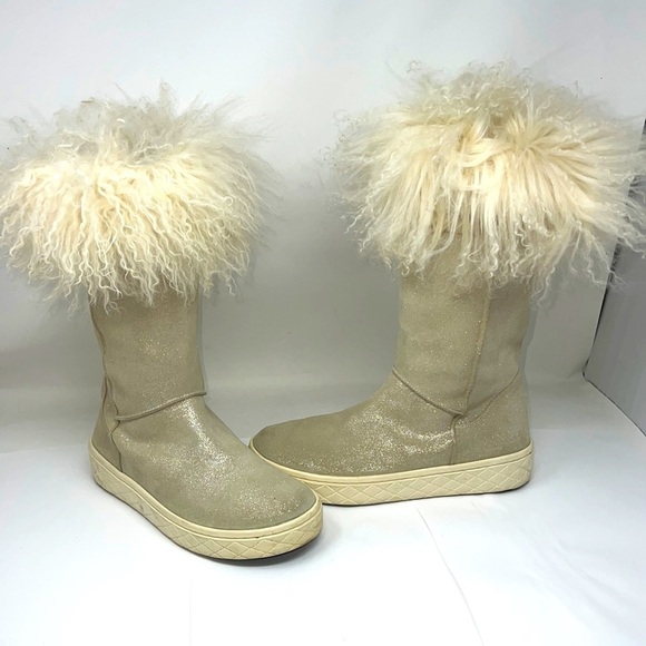 Moncler Sz 38 Gray Metallic Shimmer Suede Beige Curly Lamb Boots - Picture 3 of 12